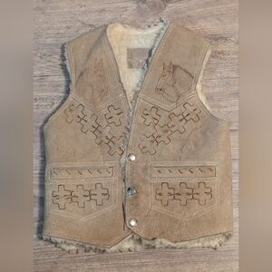 Vintage Kids Suede Leather Western Vest Shearling Lined Horse Cowboy Ranch Youth